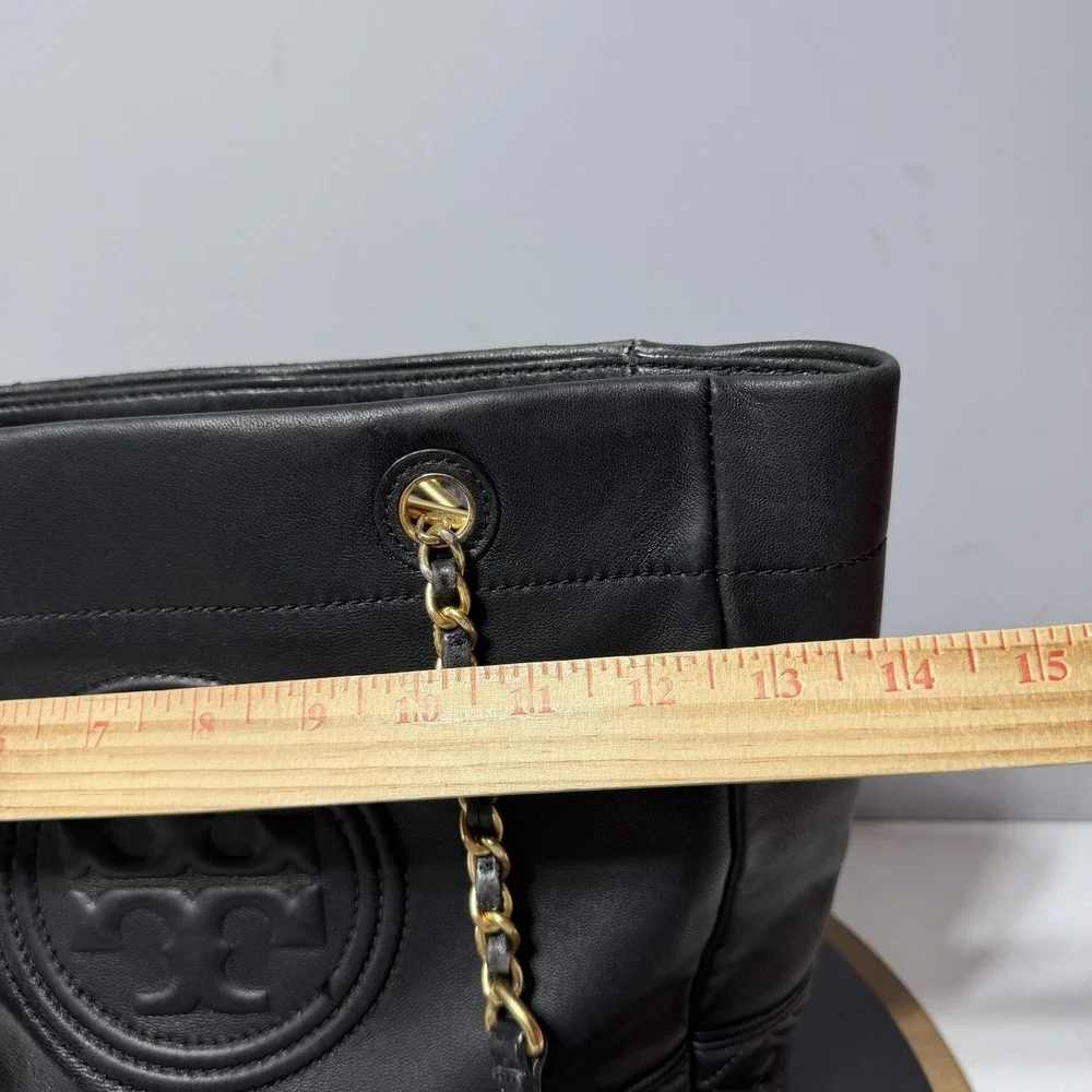 Tory Burch Tote Bag Womens Large Black Leather Chain Strap Purse Quilted Logo